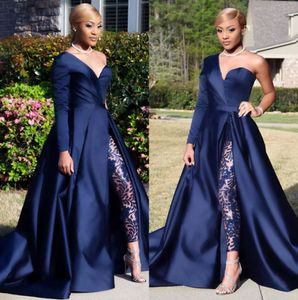 Dark Navy Two Pieces Evening Dresses One Shoulder Long Sleeve Side Split Sequined Prom Gowns Pants Jumpsuits A Line Plus Size Formal Dress