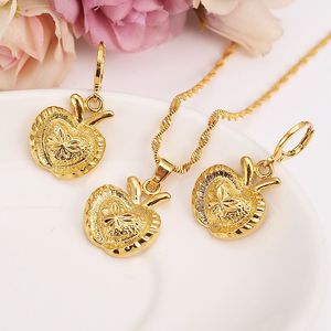 New Christmas 14k Yellow Fine gold Filled carve big apple Bridal Jewelry Set Rabbit ear pendant Earrings kids Wedding Jewelry gift