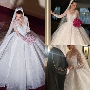 Långärmad bollklänning Bröllopsklänningar Deep V Neck Tulle Applique Pärlor Golvlängd Lyx Dubai Country Wedding Gowns Illusion Beach Bride