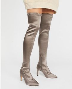 2018 Damen-Stiefel mit spitzer Zehenpartie, Overknee-Stiefeletten, Damen-Stretch-Oberschenkelhohe Stiefel aus elastischem Stoff, Partyschuhe