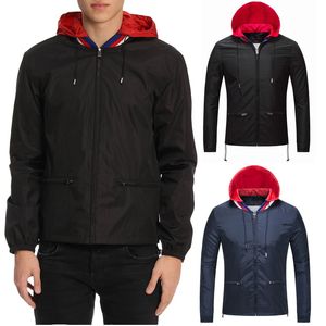 Men's Hot Sale Hood Nylon Windbreaker Jacket Solid Color Black/Navy Man Slim Fit Short Style Zip Pocket Adjustable Hem