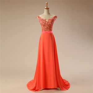 Orange Chiffon Prom Dress Floral Lace Top Sheer Neck Zipper Back Sweep Train Long Afton Dress Party Dresses Billiga Gratis frakt