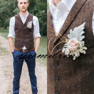 Dark Brown Wool Tweed Herringbone Wedding Groom Vests Groomsmen Vests V-Neck Men's Suit Vests Vest Men's Dress Vest Waistcoat Dress Farm