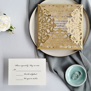 Düğün Davetiyeleri Kartları Altın Kağıt Boş İç Levha Lazer Kesim Düğün Davetiyesi Çiçekler Hollow Düğün Kartları