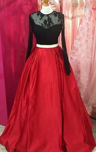 Black And Red A line Evening Formal Long Dresses With Illusion Sleeves Jewel Neck Satin Two Pieces Real Photos Cheap Prom Party Dresses