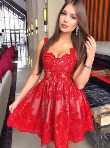 Cheap Red Lace Homecoming Dresses For Juniors Sweetheart Neck Short Prom Gowns A Line Custom Made Cocktail Party Dress