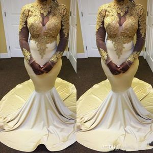 South African Mermaid Prom Dresses White Gold Aplikacje Wysoka szyja Sheer Sleeve Evening Dress Black Girl Plus Size Formal Party Suknie online