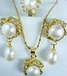 Beautiful white pearl earrings necklace ring set 17"