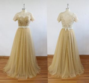100％本物の画像ゴールドパールチュールウエディングドレスバトーネック半袖背中の床の長さのイブニングドレス