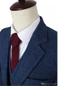 Wool Blue Wedding Tuxedos HerringBone Retro Gentleman Style Anpassade herrdräkter Skräddarsy Blazer Suits For Men Jacket P2503