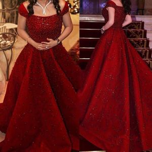 Luxury Pearls Beading Prom Dresses Dark Red Off Shouler Sleeveless A-Line Formal Evening Dresses Elegant Dubai Party Dress Evening Gowns