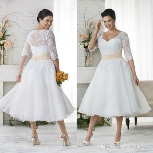 Plus Size Wedding Dresses With Sleeves A Line V Neck Ball Gowns Under 100 Vintage Tea Length Wedding Dress Colored Wedding Gowns