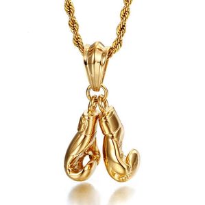 Hiphop Men Necklace Gold Color Stainless Steel 60cm long Rope Chain Pair Boxing Glove Pendant Necklace Charm Fashion Sport Fitness Jewelry