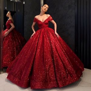 赤いスパンコールのドレスの深いVネックキャップスリーブボールガウンイブニングドレスふくらんで床の長さの女性フォーマルウェアパーティードレスカスタムメイド