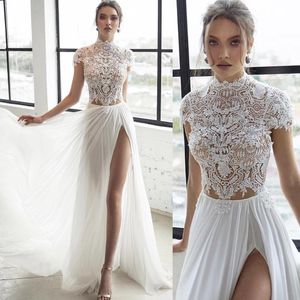Lace Boho Beach Dresses Develed High Neck Bridal Ordals A Line Side Split Chiffon Vestido de Novia 415