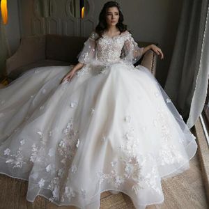 Princess Fairy Wedding Dresses 3D Floral Lace Appliques Sheer Bell Sleeves A-Line Bridal Gowns Organza Dress