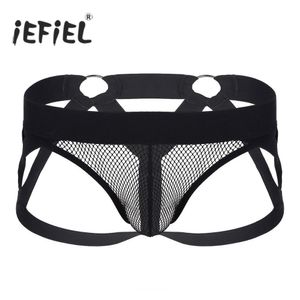 Mens underkläder Se igenom Fishnet bulge påse öppen tillbaka ihålig ut strappy gay sexig jockstrap bondage briefs underkläder underpant