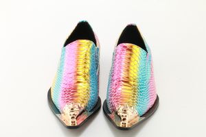 Svonces Italian Style Painted Leather Men's Formal Shoes Party Slip On Oxfords Metal Pointy Toe Rainbow Color Male Dress Shoes