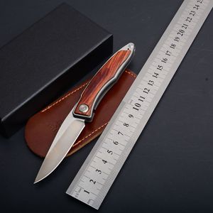 Ny Cr Mini Small Folding Kniv 440c Satinblad Trä + Stålhandtag EDC Pocket Knivar med lädermantel