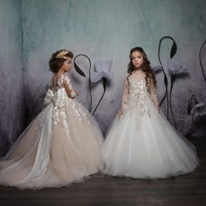 En Çok Satan Balo Çiçek Kız Elbise Düğün İçin Aplike Toddler Pageant Abiye Uzun Kollu Boncuklu Tül Çocuk Balo Elbise
