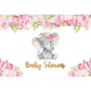 Nyfödd baby shower elefant flicka bakgrund tryckta rosa blommor gröna blad skräddarsydda födelsedagsfest foto bås bakgrund