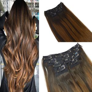 Düz Saç 7 Adet 120G Renk # 2 # 6 Solma Ombre Balayage Uzantıları Yüksek Kalite Brezilyalı Saç Klip Saç Uzantıları