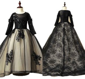 2019 manga comprida meninas pagenat vestidos com trem preto e nu applique laço jóia zipper princesa flor vestido vestido vestidos criança criança