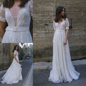 Lihi hod 2019 vestidos de casamento de tule apliques de renda decote em v profundo vestidos de noiva robe de mariée plus size mangas curtas vestido de noiva