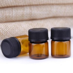 Wholesale 2000pcs China 1ml (1 4 dram) Amber Glass Essential Oil Bottle perfume sample tubes Bottle Mini with Plug and Black caps LX4150