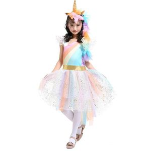 4-7t Girls Rainbow Dress z Unicorn Headband + Angel Wings Koronki Tutu Girls Princess Dress Garnitury Cosplay Odzież Ustawia Tiangeltg