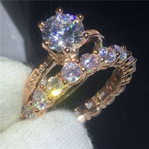 PopularFashion Lady Crown ring 1ct 5A Zircon Cz Rose Gold Filled 925 silver wedding band rings for women bridal Jewelry Gift