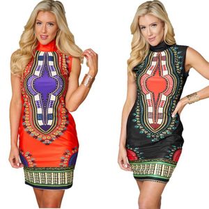 2018 New Ethnic Print Turtleneck Sleeveless Mini Dress Plus Size Vintage Women Bodycon Casual Summer Sexy African Print Shirt Dresses S-3XL