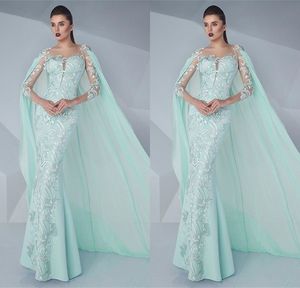 Mermaid Mint Green Prom Dresses with Wraps Long Sleeves Lace Appliqued Floor Length Formal Party Evening Gowns