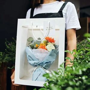 Borsa per fiori portatile con finestra trasparente Confezione regalo per fiori Borsa di carta Forniture per fioristi 25,5 * 15,5 * 35 cm QW8835