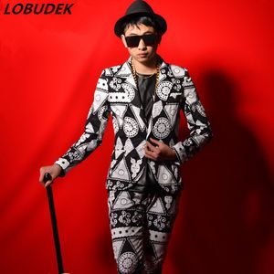 Black White Printing Pattern Men's Suit Tide Slim Jacket Blazers Trousers Set Super Star Vocal Concert Performance Clothing Bar Singer Wears