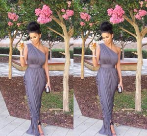 Bridesmaid Gray Sheath Dresses One Shoulder Pleats Floor Length High Side Split Maid Of Honor Dress Wedding Party Gowns Custom Made