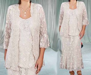 2018 Mother Of The Bride Dresses Three Pieces Full Lace Mother's Wedding Gowns Scoop Neck Plus Size Mothers Groom Dress