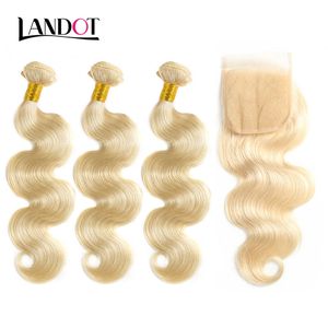 9A Bleach Blonde Color 613 Lace Closure With 3 Bundles Brazilian Virgin Human Hair Weave Body Wave Peruvian Malaysian Indian Hair Extensions