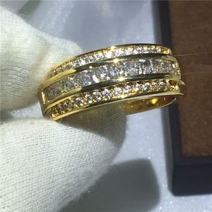 Moda masculina anel de banda 3mm diamonique zircon pedra anel de noivado casamento banda para homens ouro amarelo cheio de moda jóias