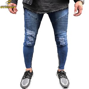 Erkek yırtık bisikletçi kot pamuklu erkek pamuk mavi ince fit motosiklet kot erkekler sıska delik denim joggers pantolon artı boyutu