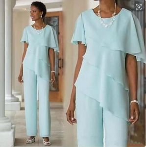 2020 Mother of the Bride Dresses Pants Suits Wedding Guest Gowns Silk Chiffon Short Sleeve Tiered Mothers Dress Custom Made