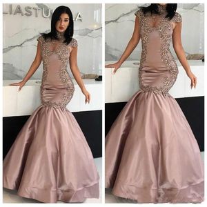 Trendy Mermaid Evening Dresses Lace Fitted High Neck Arabic Dubai Vestidos De Festa Party Dress Prom Formal Pageant Celebrity Gowns