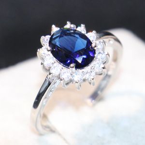 Handmade Moda Biżuteria Pure 100% 925 Sterling Silver Ovil Niebieski Sapphire CZ Diament Kwiat Gemstones Kobiety Ślub Princess Band Pierścień Prezent