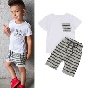 2018 Summer Fashion Boys Set White Short Sleeve T -Shirts +gestreifte kurze Hosen Kinder 2 PCs Sets Baby Cotton Casual Outfits