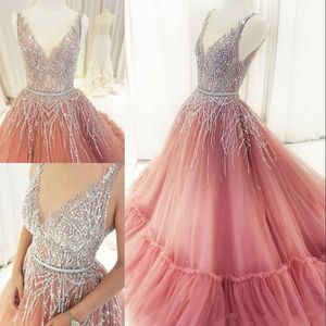 Sparkly Sequins Ball Gown Prom Klänningar Blush Beaded V Neck Evening Gowns Dubai Party Dress Robe de Soiree