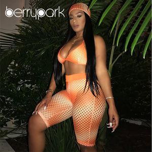 Berrypark Fishnet Mesh Seksi 3 Parça Set Kadın Kafa Eşarp ve Sütyen ve Şort Yaz içi boş Out İnce Beach Party Club Kıyafetleri