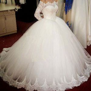 Puffy Long Sleeve Wedding Dresses Ball Gown Boat Neck Lace Bride Dress Vestido de Noiva Manga Longa Church Gowns QC1098