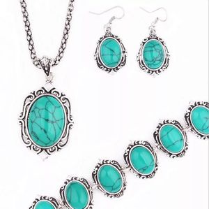 Turquoise Bracelet Green Round Natural Stone Pendant Necklace And Earrings In One Set Fashion Women Jewelry