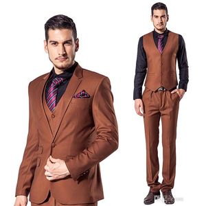 Smoking da sposo marroni Slim Fit belli One Groomsman Button uomo uomini formali Prom Cena abiti da lavoro (Jacket + Pants + Tie + Vest) No: 826