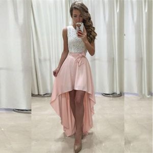 High Low Homecoming Dresses Jewel Sleeveless Appliques Lace With Bow Short Prom Dresses Vestidos De Fiesta